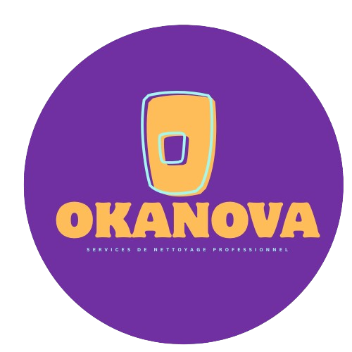 logo rond fond mauve et texte ocre, societe nettoyage okanova